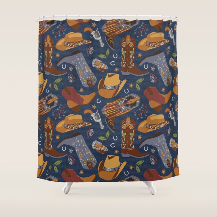 Embroidered Cowgirls | Blue Shower Curtain