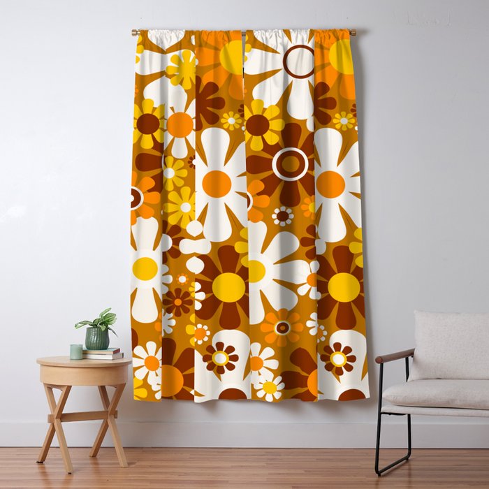 Retro Garden Flowers Groovy 60s 70s Floral Pattern Ochre Yellow Orange Brown Window Curtain