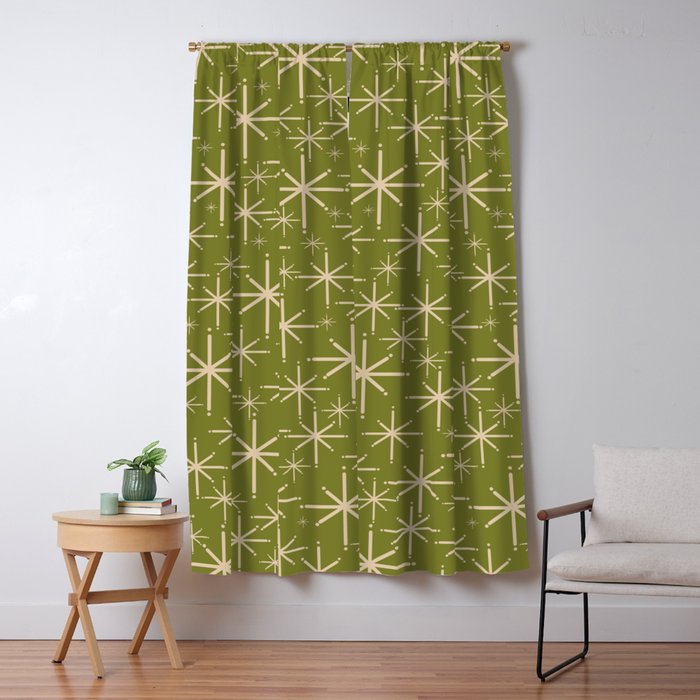 Retro Atomic Twinkling Starburst Pattern In Midcentury Modern Olive Green And Beige Window Curtain