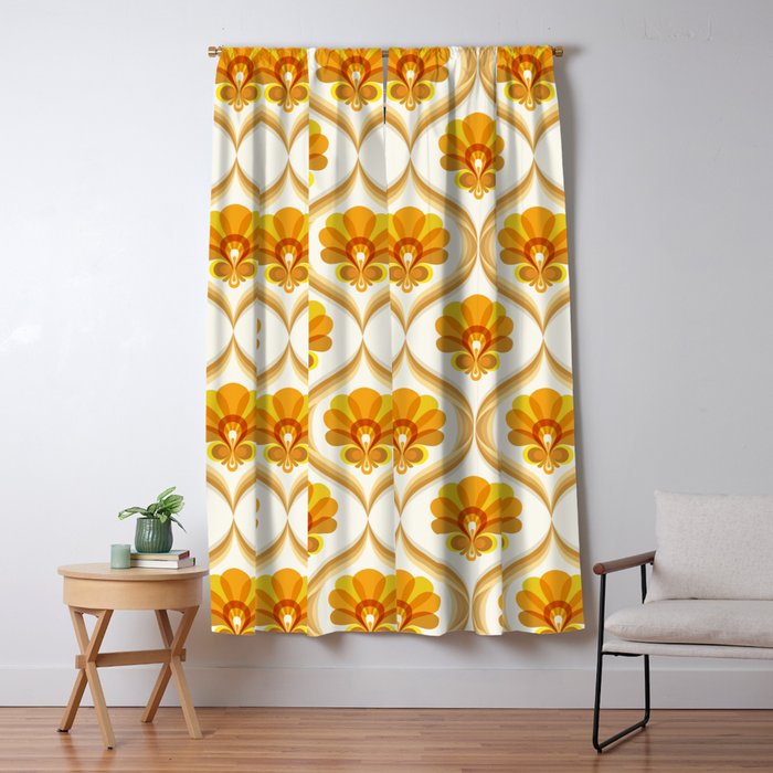 Ivory, Orange, Yellow And Brown Floral Retro Vintage Pattern Window Curtain
