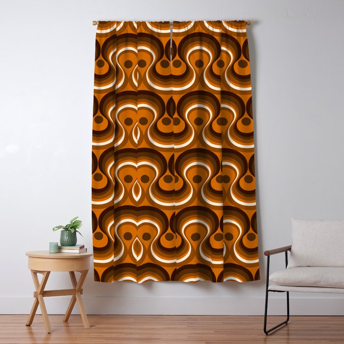 Brown, Orange And Ivory Wavy Lines Retro Pattern Window Curtain