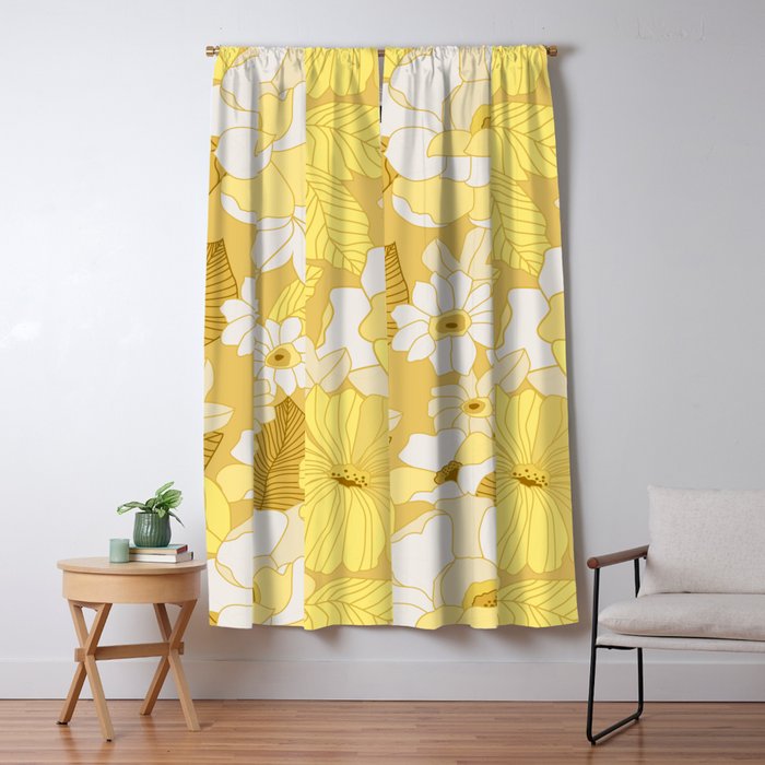 Yellow, Ivory And Brown Retro Flowers Window Curtain