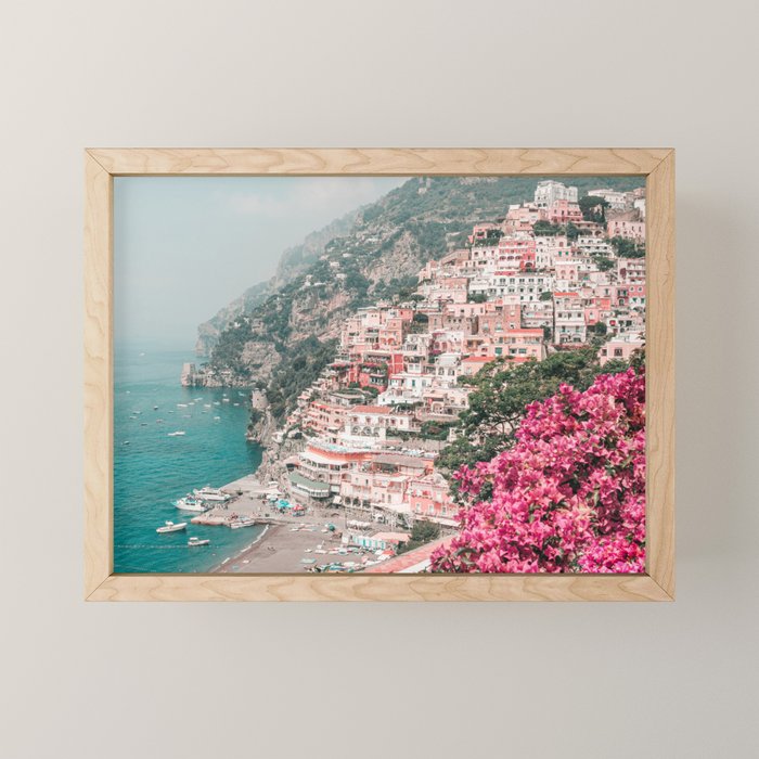 Positano Italy Beach Scenic Pink Flowers Travel Photography Mini Art Print