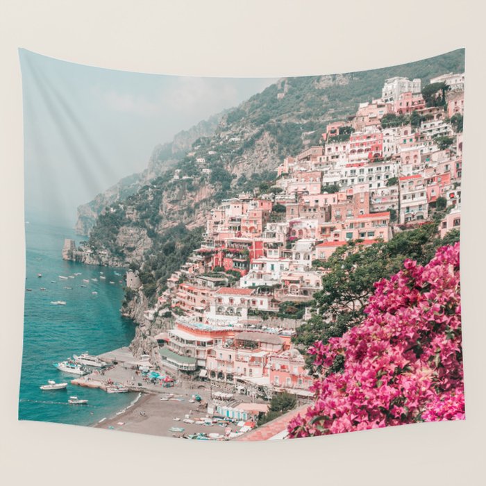 Positano Italy Beach Scenic Pink Flowers Travel Photography Wall Tapestry