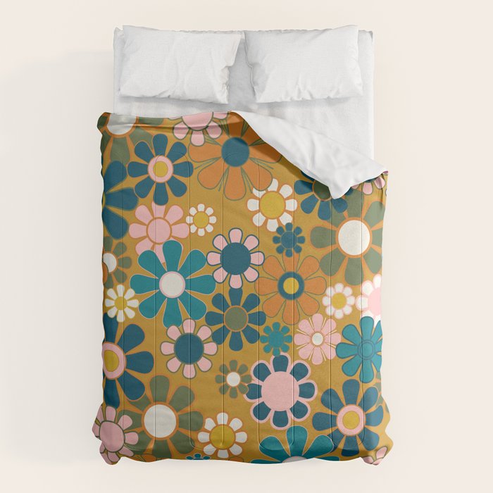 Pretty Groovy Retro Garden 60s 70s Aesthetic Floral Pattern Ochre Teal Olive Pink Comforter