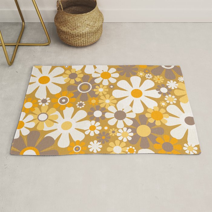 Retro Garden Flowers Groovy 60s 70s Floral Pattern In Ochre Yellow Orange Rug