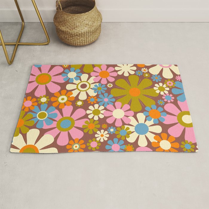 Cheerful Groovy Retro Garden Flowers 60s 70s Floral Pattern Rug