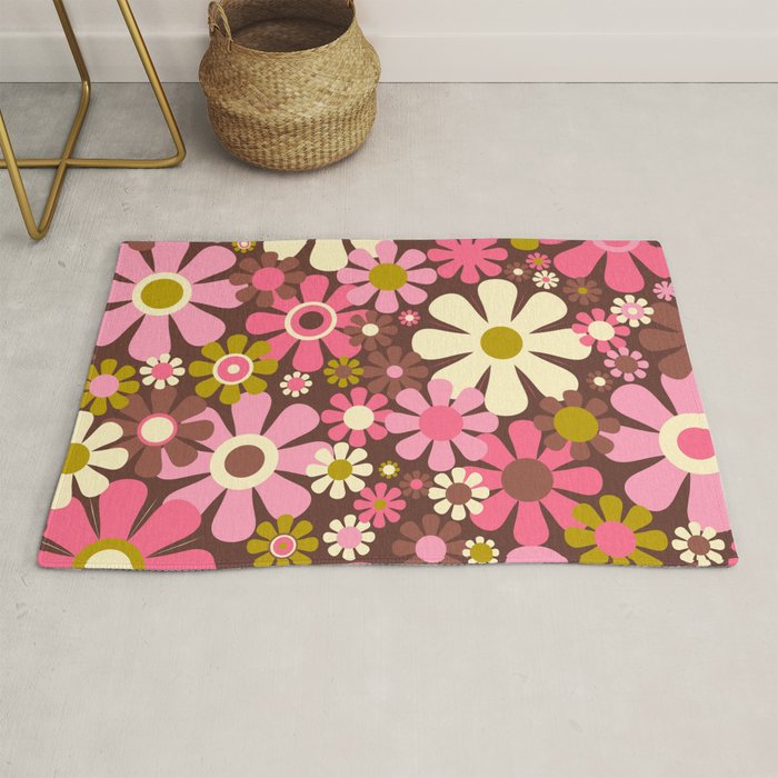 60s 70s Retro Floral Garden Cheerful Flower Pattern In Brown Pink Avocado Rug