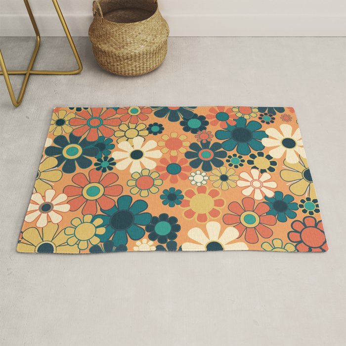 Pretty Groovy Retro Garden 60s 70s Aesthetic Floral Pattern In 1970s Orange Teal Blue And Yellow Rug
