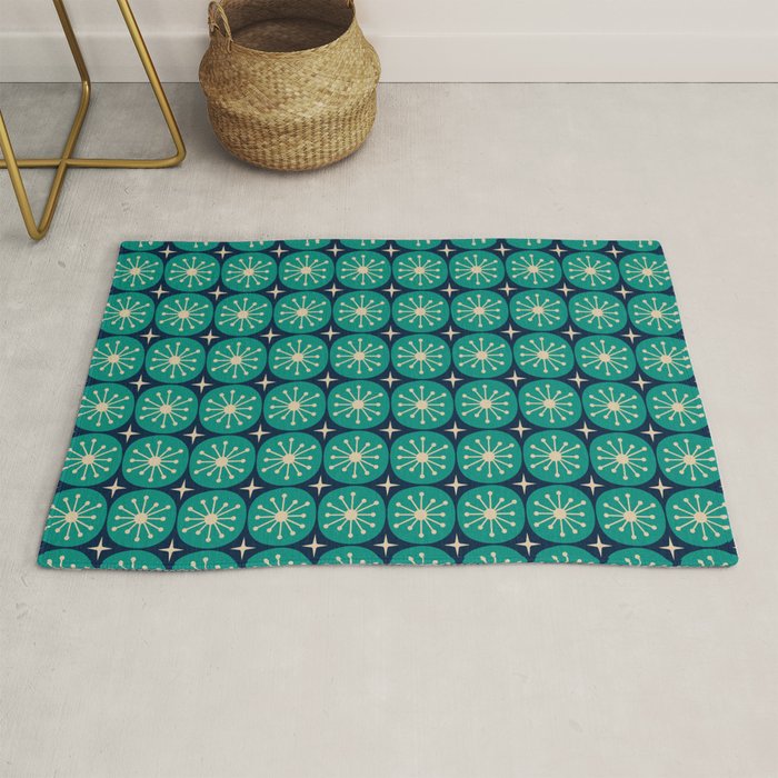 Mid Century Modern Atomic Dots And Stars Retro Pattern 2 In Mid Mod Teal Turquoise Navy Blue Beige Rug