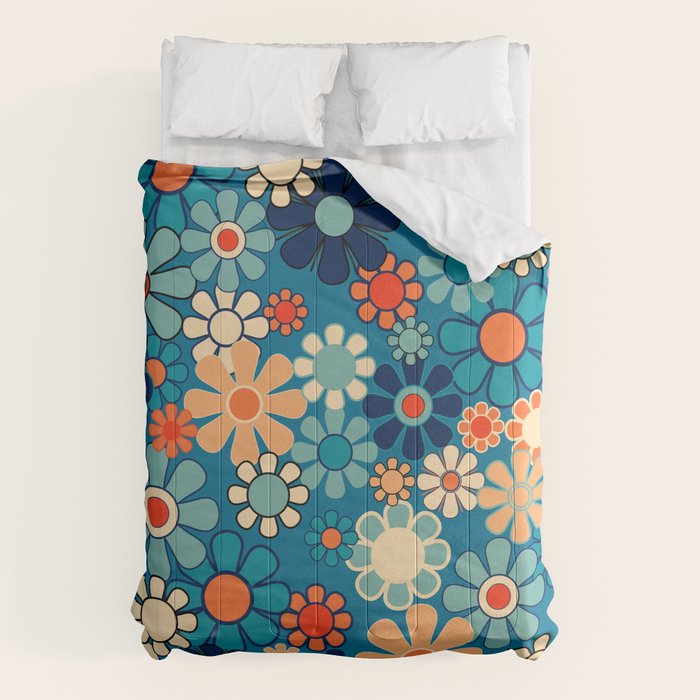 Groovy Blue Retro Garden 60s 70s Aesthetic Floral Pattern With Orange Comforter