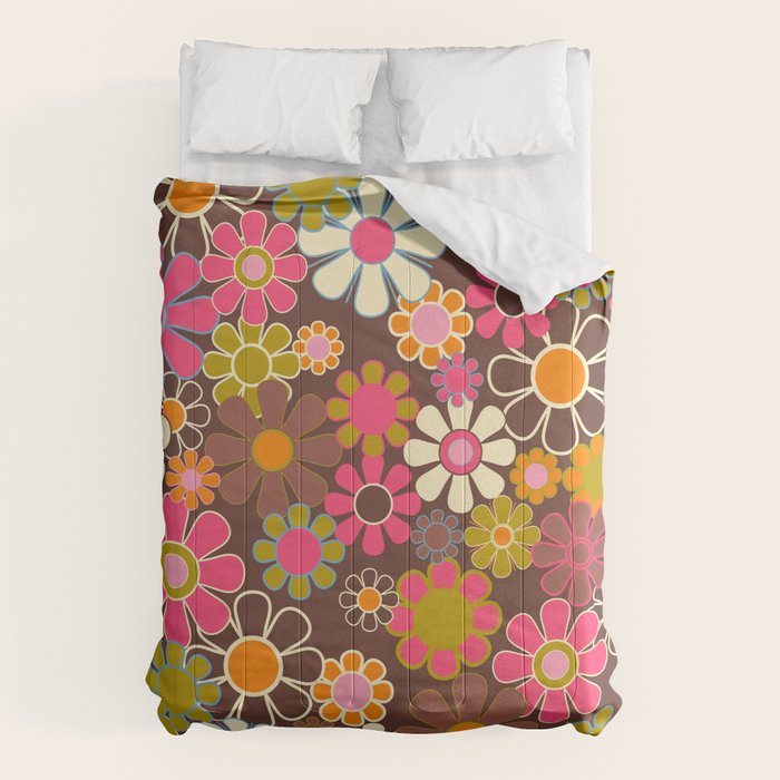 Groovy Retro Garden 60s 70s Floral Pattern Brown Avocado Pink Comforter