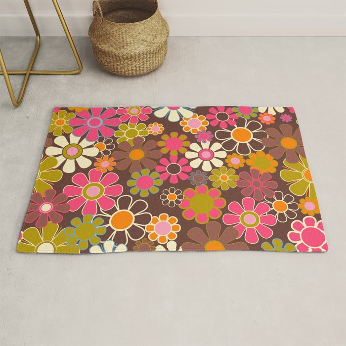 Groovy Retro Garden 60s 70s Floral Pattern Brown Avocado Pink Rug