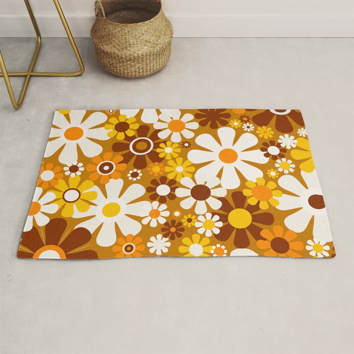 Retro Garden Flowers Groovy 60s 70s Floral Pattern Ochre Yellow Orange Brown Rug