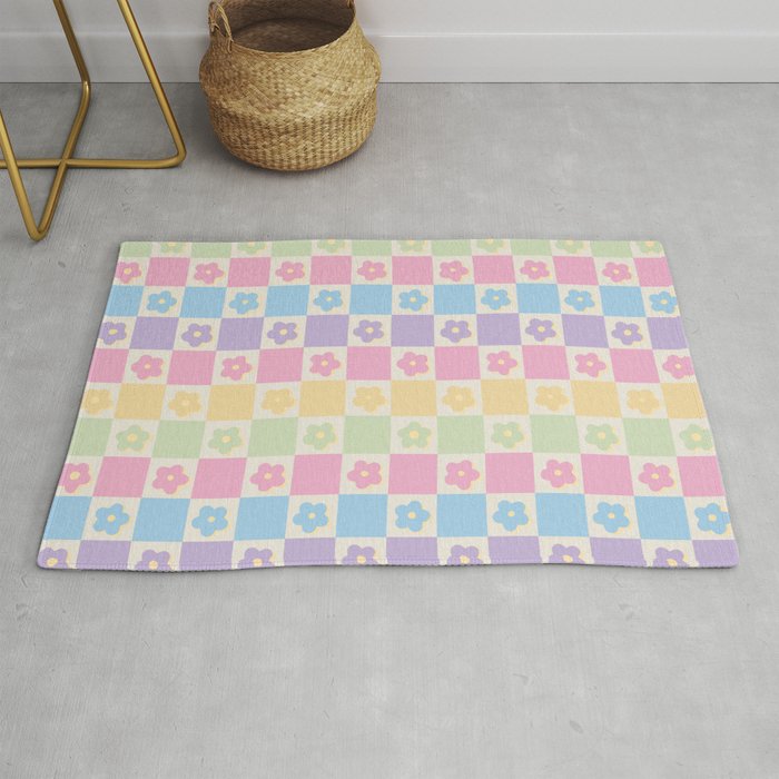 Checkered Flower Power Danish Pastel Rainbow Tones Rug
