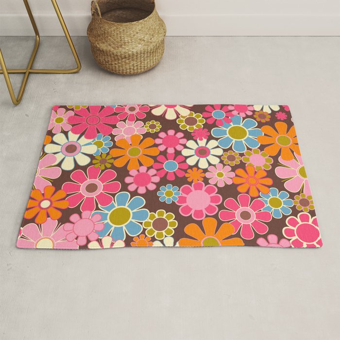 Groovy Retro Garden 60s 70s Multicolored Pink Floral Pattern On Brown Rug