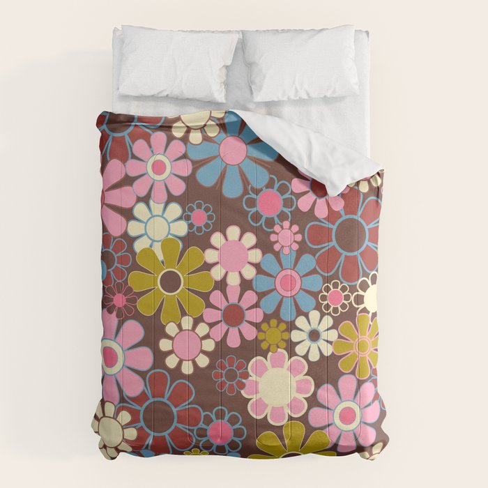 Groovy Retro Garden 60s 70s Eclectic Floral Pattern On Brown Comforter
