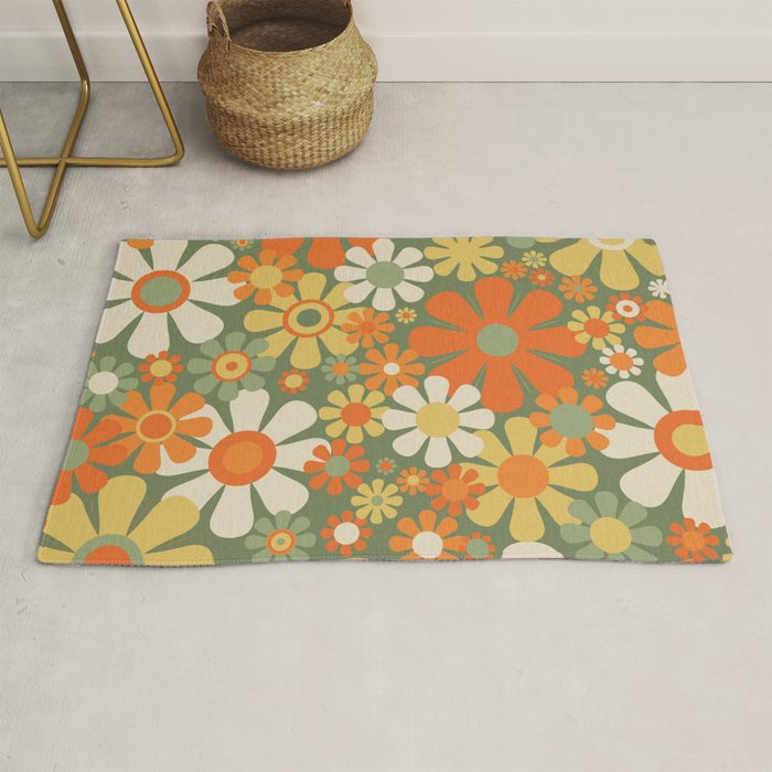 Retro Garden Flowers Groovy 60s 70s Floral Pattern In Mossy Sage Green Orange Yellow Rug