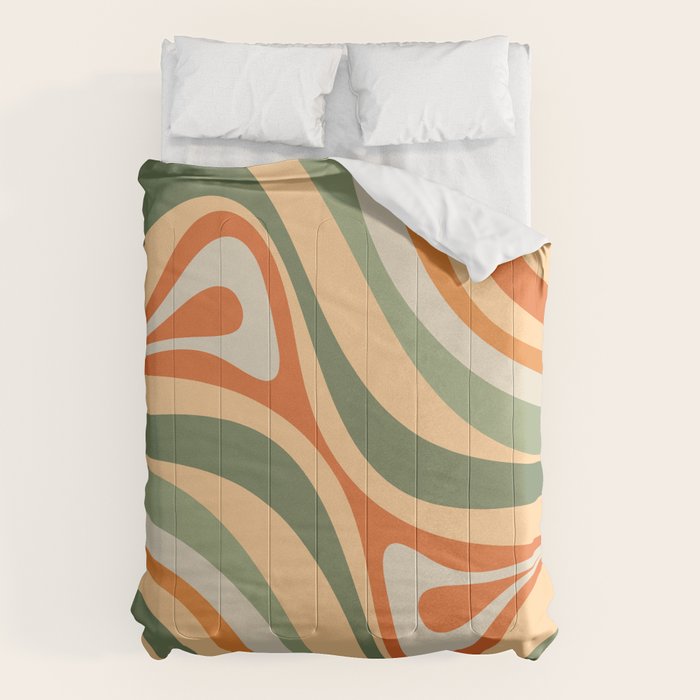 Groovy Retro Abstract New Groove Swirl Pattern In Mossy Sage Olive Green Apricot Orange Comforter