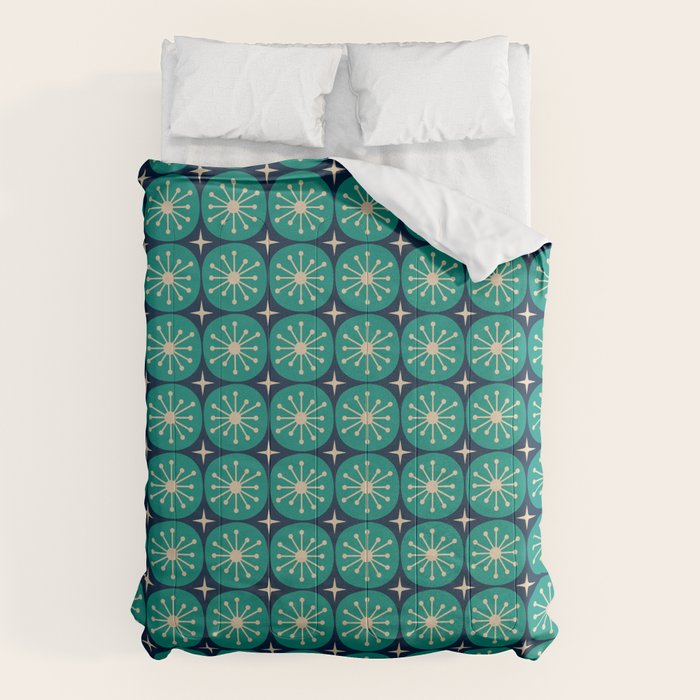 Mid Century Modern Atomic Dots And Stars Retro Pattern 2 In Mid Mod Teal Turquoise Navy Blue Beige Comforter