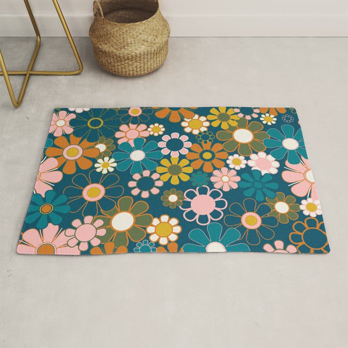 Pretty Groovy Retro Garden Floral Pattern Blue Pink Orange Olive Rug