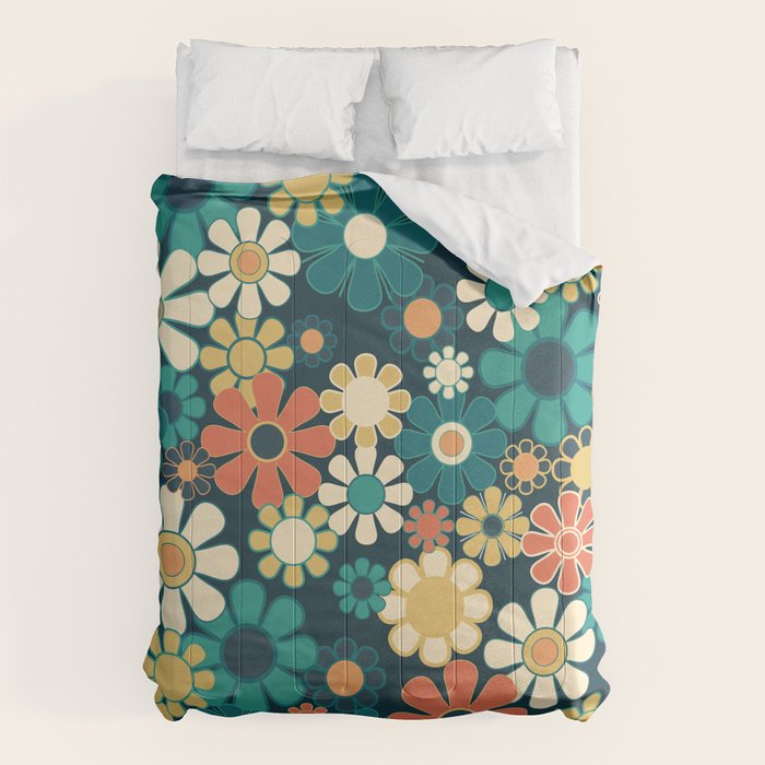 Pretty Groovy Retro Garden 60s 70s Aesthetic Floral Pattern Blue Orange Mustard Teal Comforter