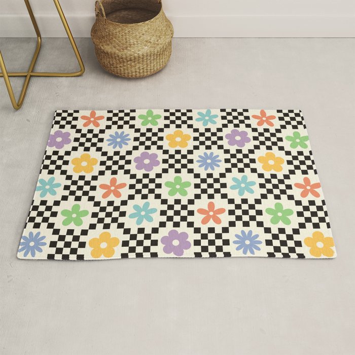 Retro Colorful Flower Double Checker Rug