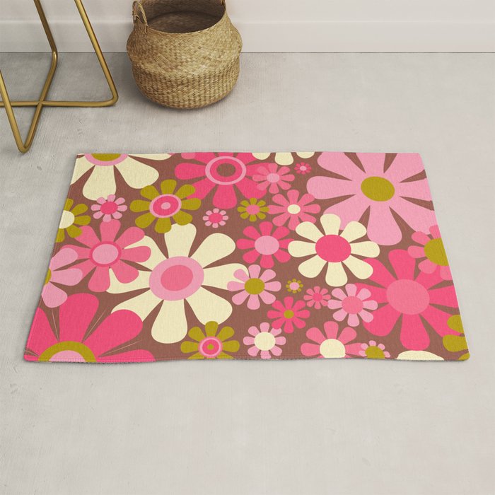 Groovy Retro Floral Garden 60s 70s Pattern In Pink Avocado Brown 2 Rug