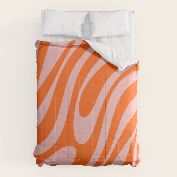 Groovy Abstract Retro Contemporary Wavy Loops Pattern Orange Blush Comforter