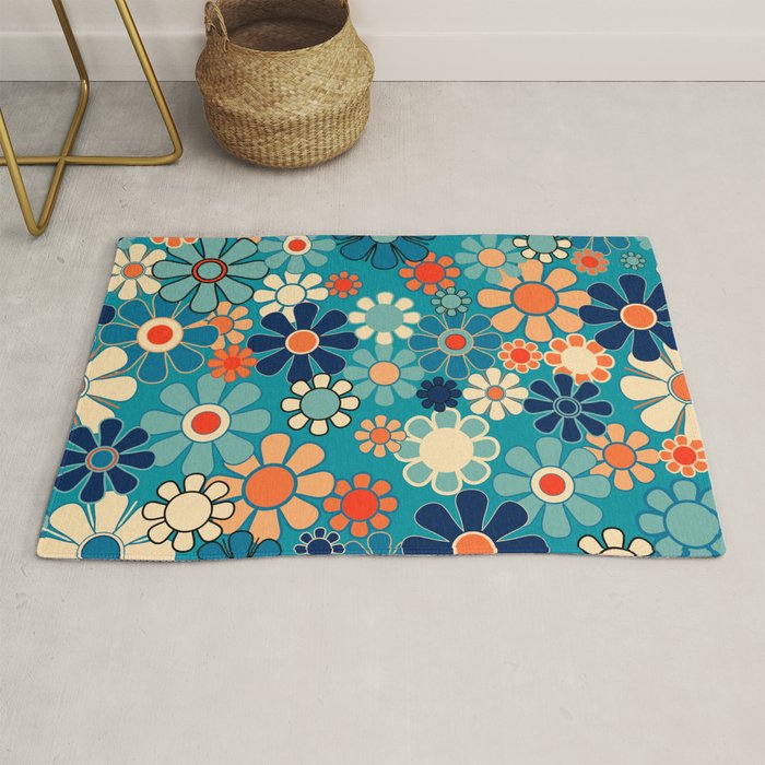 Groovy Retro Garden Flowers 60s 70s Floral Pattern In Blue And Orange Rug