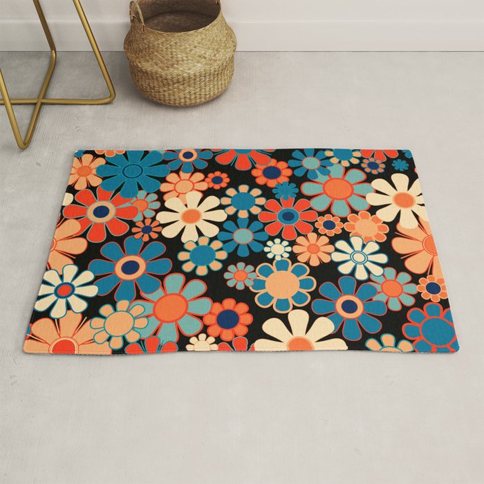 Retro Garden Night Flowers Vintage Style Floral Pattern Blue Orange Black Rug