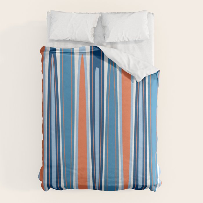 Mid Century Modern Vintage Inspired Stripes In Classic Blues And Muted Orange Duvet Cover