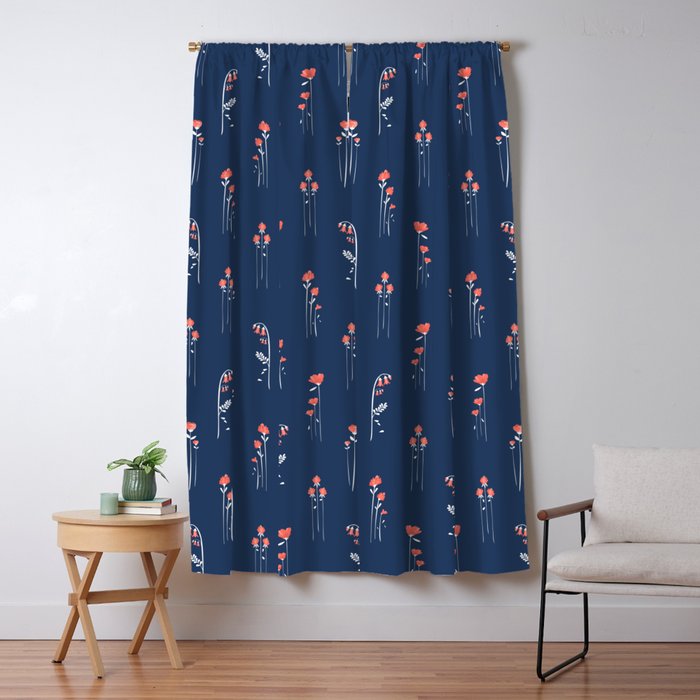 Retro Dark Flower Pattern In Modern Navy And Coral Window Curtain