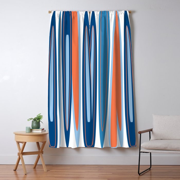 Mid Century Modern Vintage Inspired Stripes In Classic Blues And Muted Orange Window Curtain