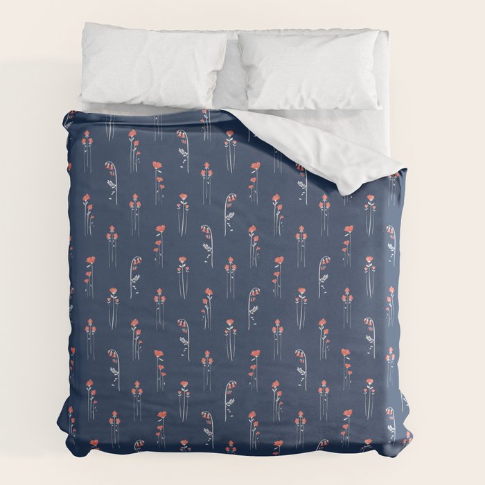 Retro Dark Flower Pattern In Modern Navy And Coral Duvet Cover