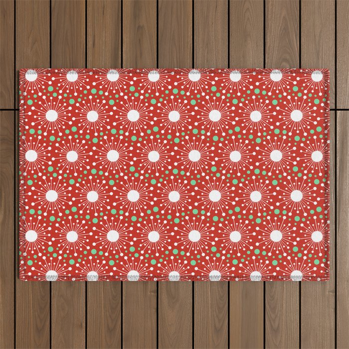 Christmas Holiday Midcentury Modern Atomic Snowflakes In Red Green And White Outdoor Rug