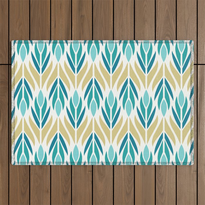 Mid Century Modern Abstract Floral Pattern In Turquoise Teal Aqua And Marigold Outdoor Rug
