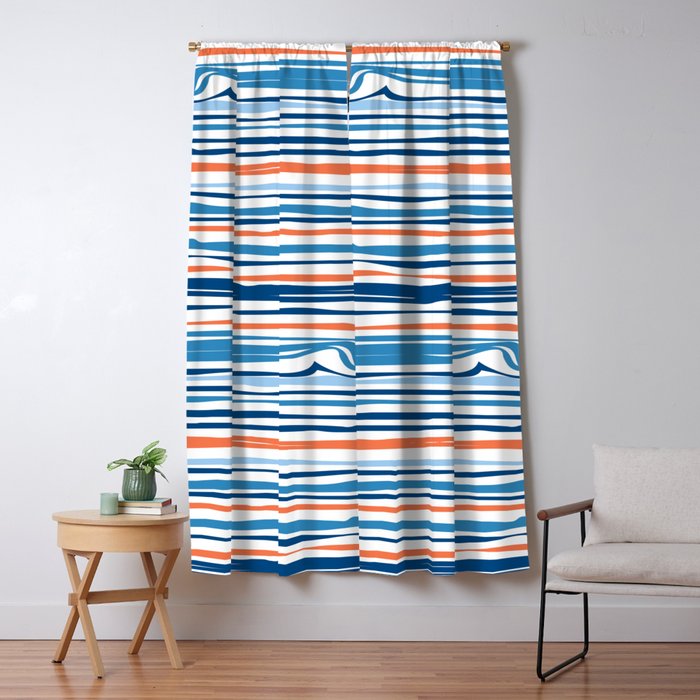 Modern Abstract Ocean Wave Stripes In Classic Blues And Orange Window Curtain