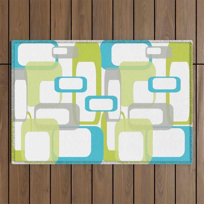 Mid-Century Modern Rectangle Design Blue Green And Gray Outdoor Rug