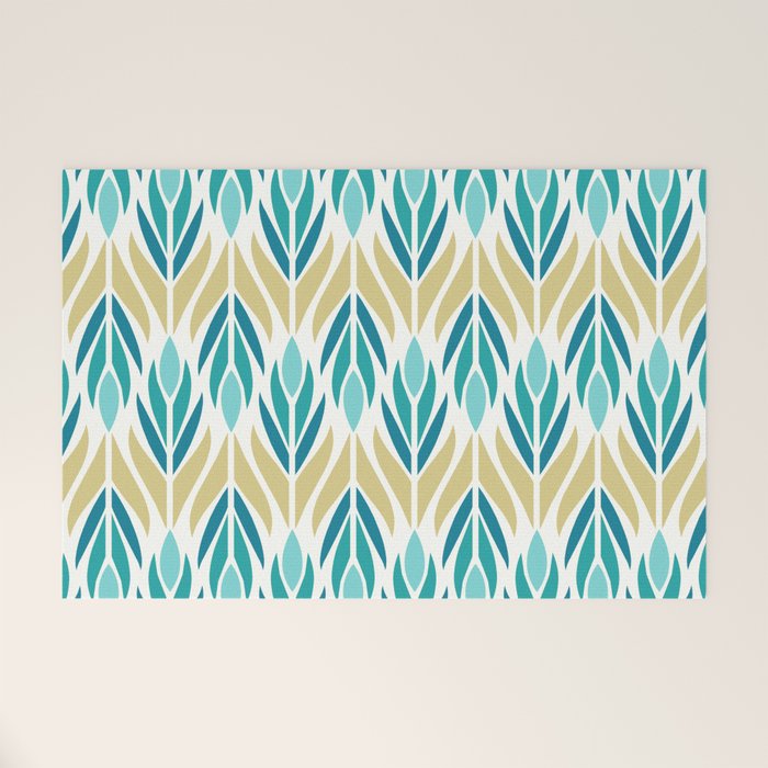 Mid Century Modern Abstract Floral Pattern In Turquoise Teal Aqua And Marigold Welcome Mat