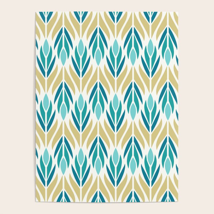 Mid Century Modern Abstract Floral Pattern In Turquoise Teal Aqua And Marigold Poster