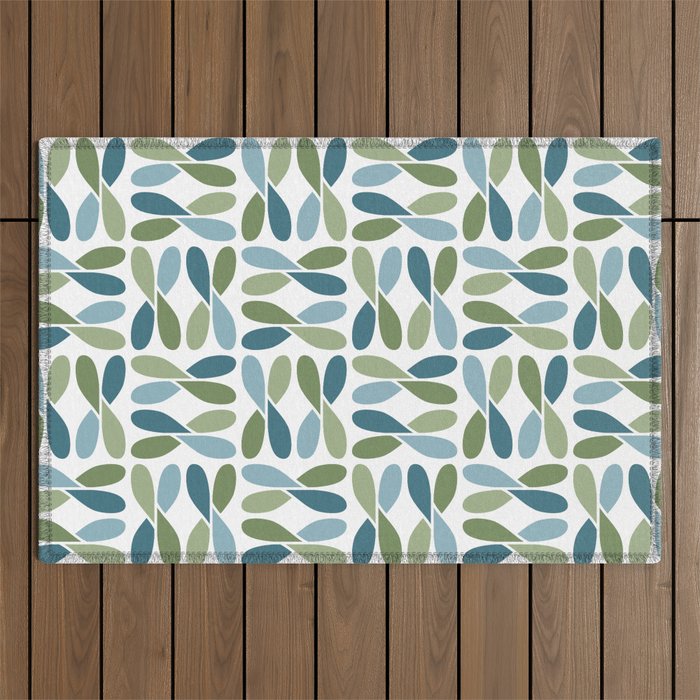 Retro Mid Century Modern Abstract Leaf Pattern Teal Blue Dill Green Outdoor Rug