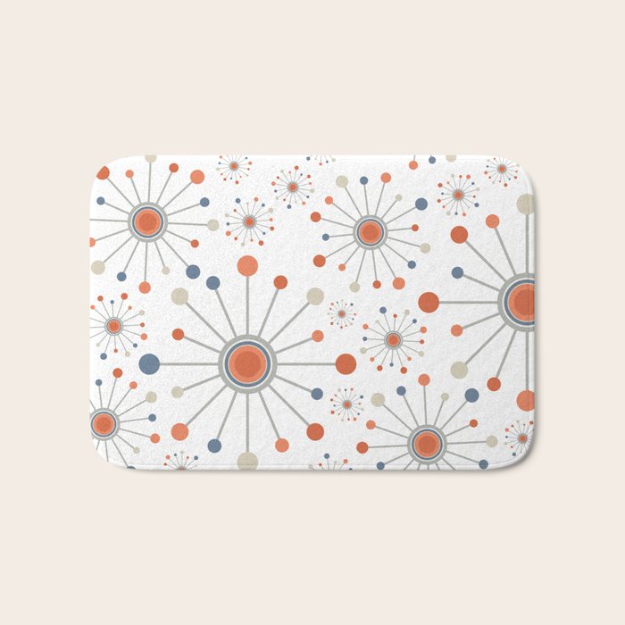 Retro Starburst Mid Century Modern Atomic Stars In Blue Orange Gray Beige Bath Mat