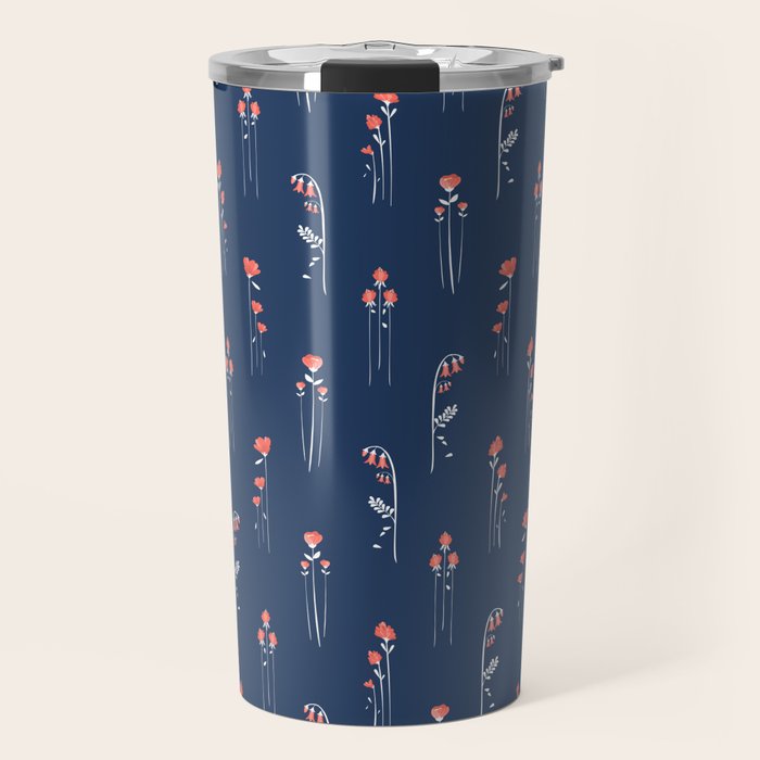 Retro Dark Flower Pattern In Modern Navy And Coral Travel Mug