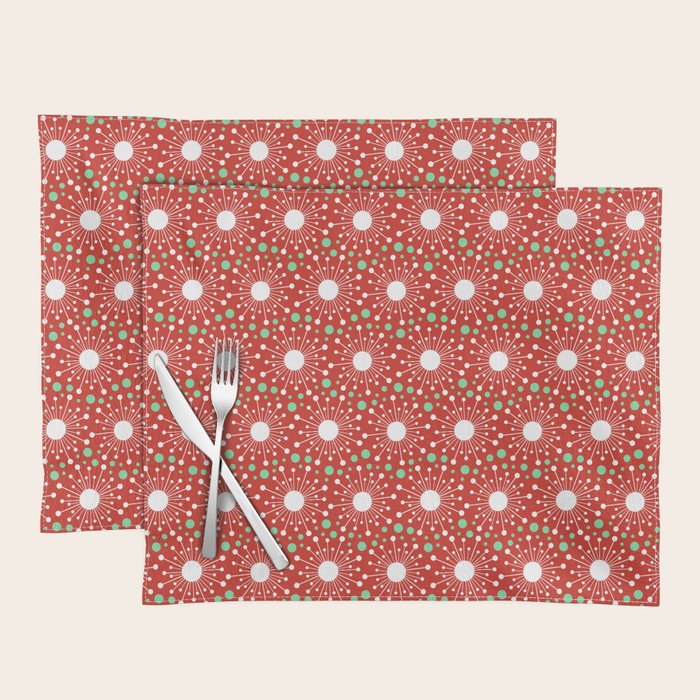 Christmas Holiday Midcentury Modern Atomic Snowflakes In Red Green And White Placemat