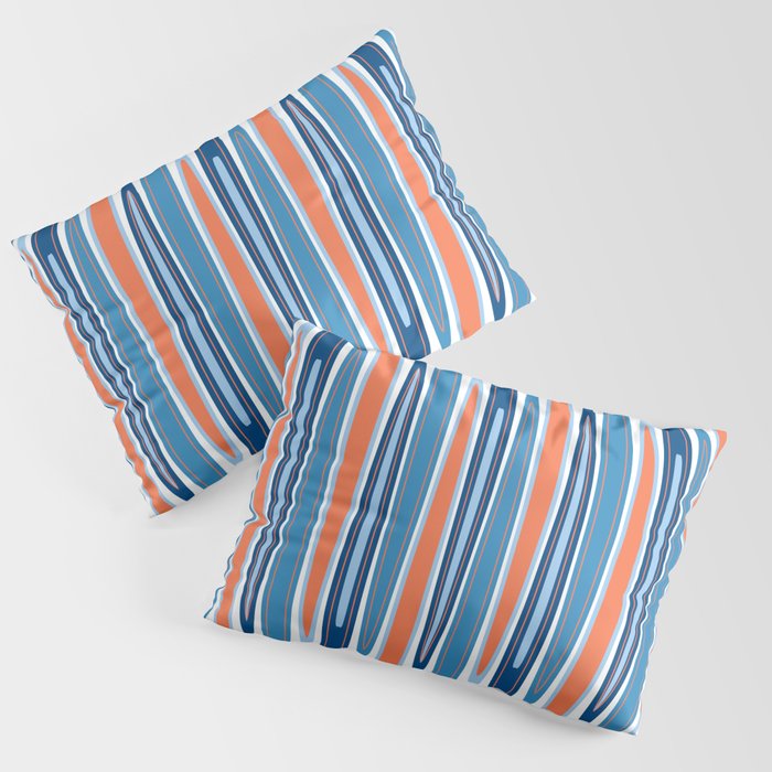 Mid Century Modern Vintage Inspired Stripes In Classic Blues And Muted Orange Pillow Sham