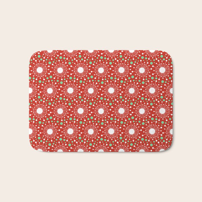 Christmas Holiday Midcentury Modern Atomic Snowflakes In Red Green And White Bath Mat