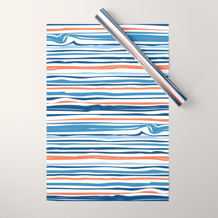 Modern Abstract Ocean Wave Stripes In Classic Blues And Orange Wrapping Paper