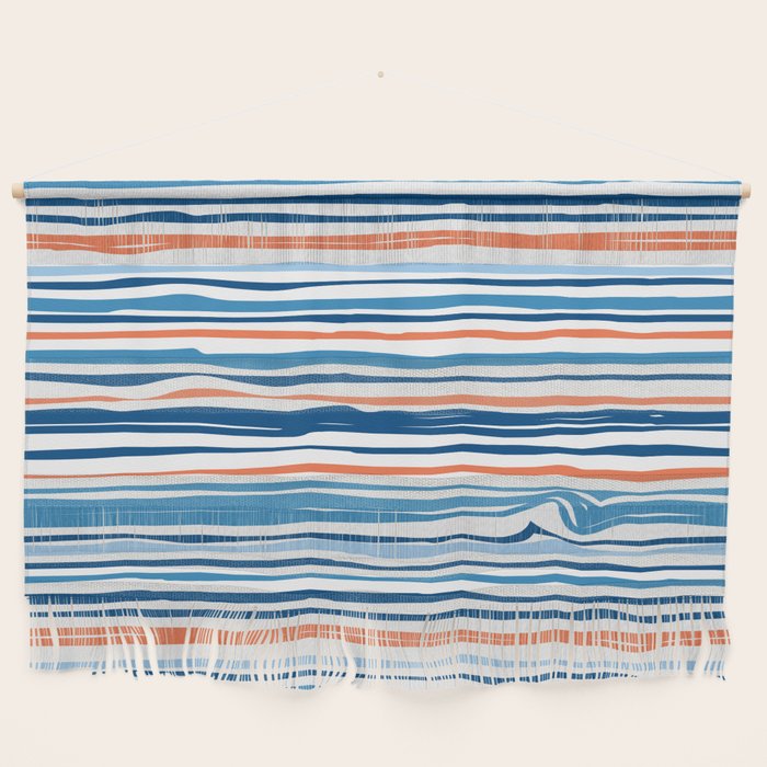 Modern Abstract Ocean Wave Stripes In Classic Blues And Orange Wall Hanging