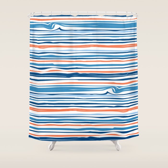 Modern Abstract Ocean Wave Stripes In Classic Blues And Orange Shower Curtain